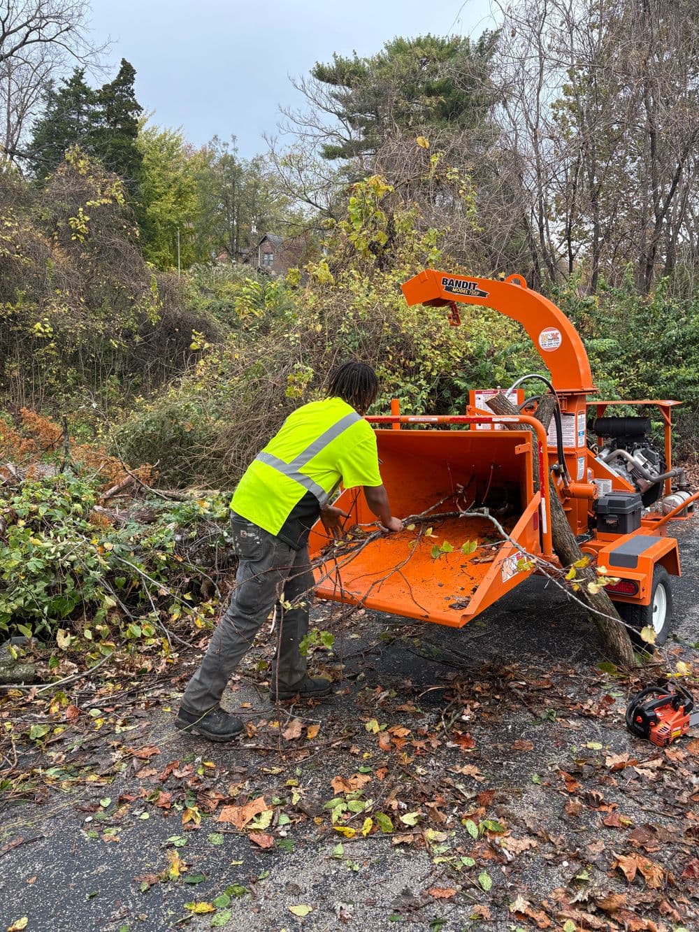 Worker in neon shirt feeding branches into a wood chipper during landscaping cleanup.
